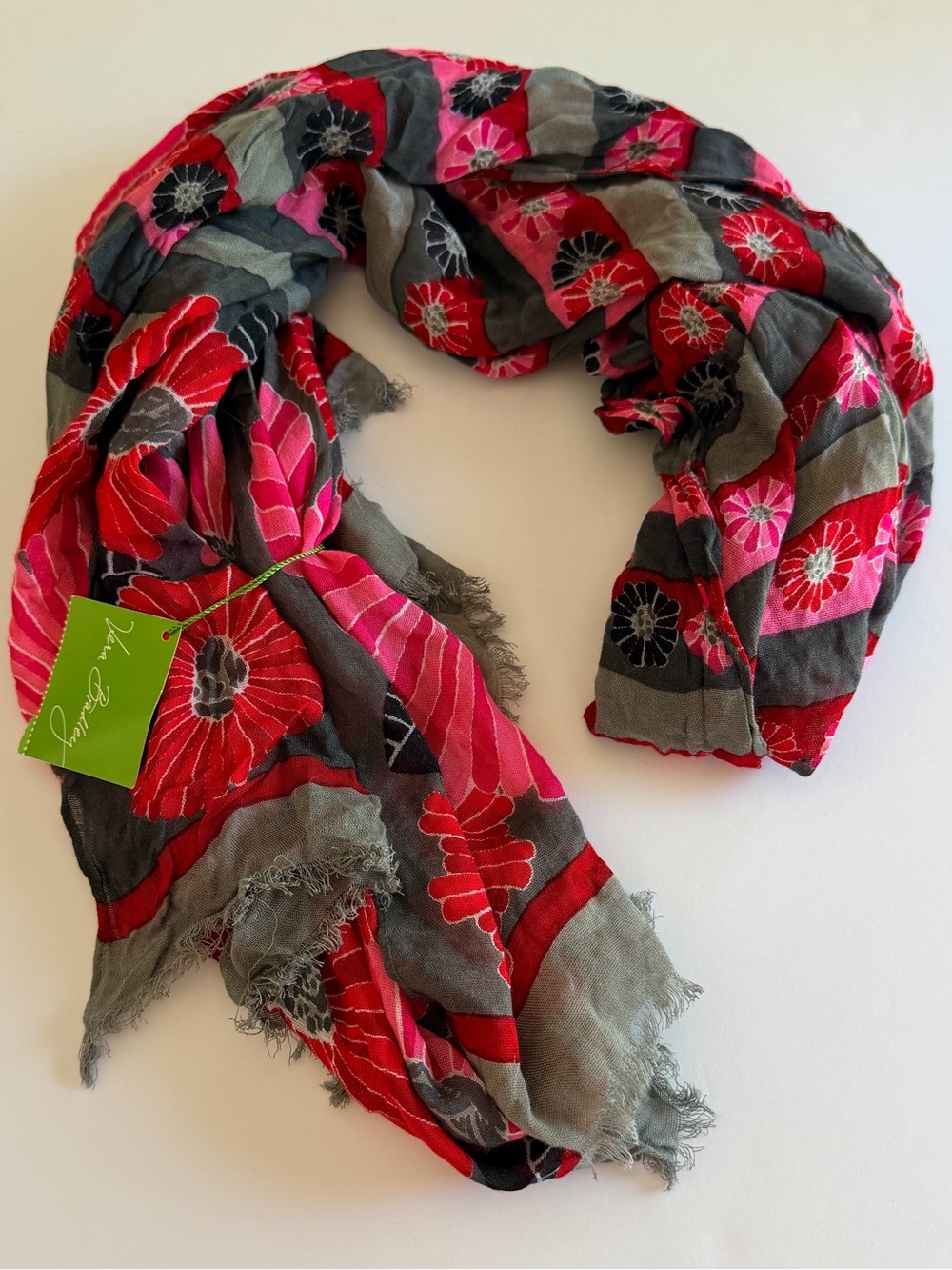 Vera Bradley NWT Floral Scarf Pink Red Gray Crinkle Fringe Wrap